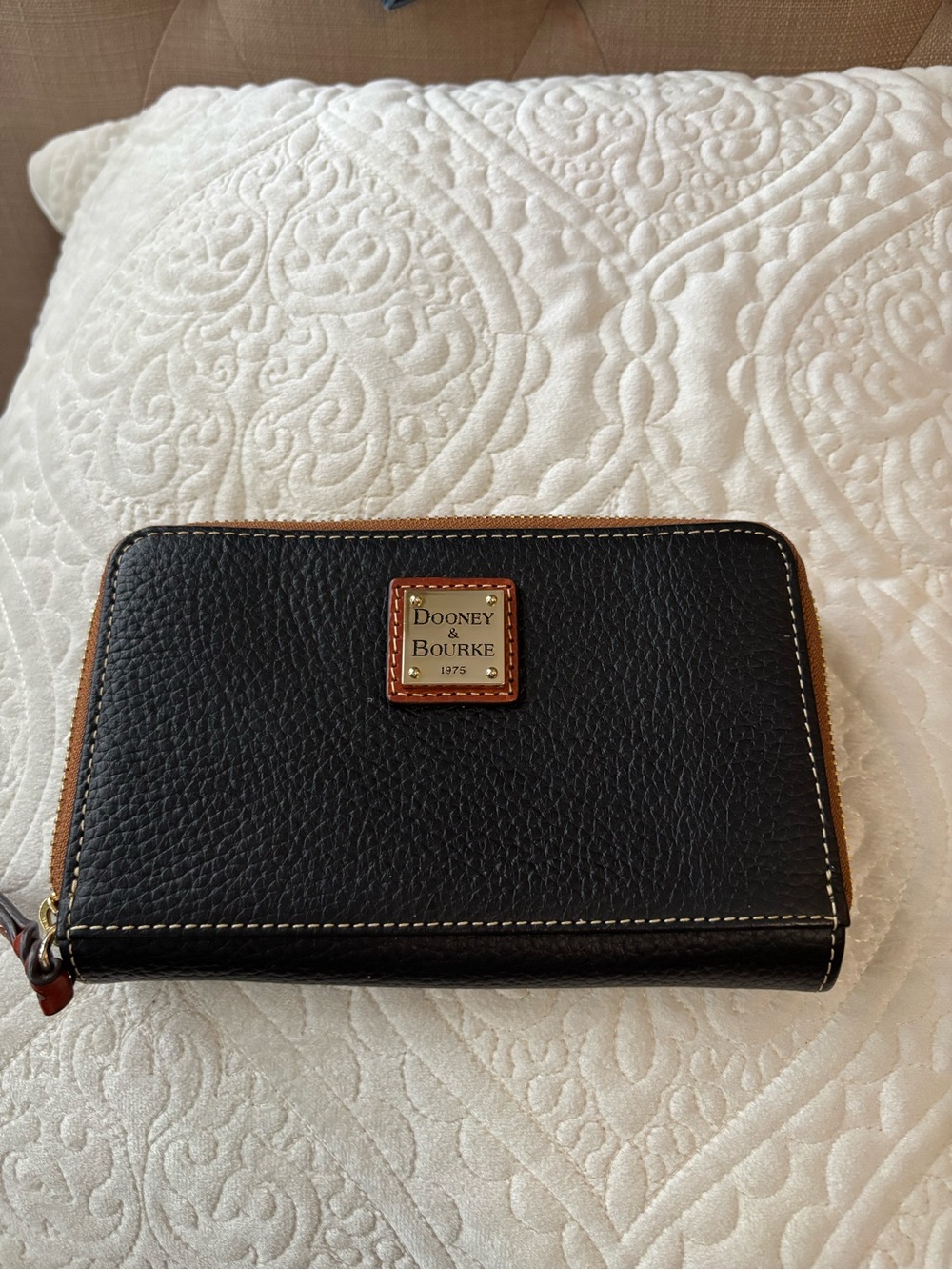 Dooney & Bourke Black Leather Zip Around Wallet with Tan Trim